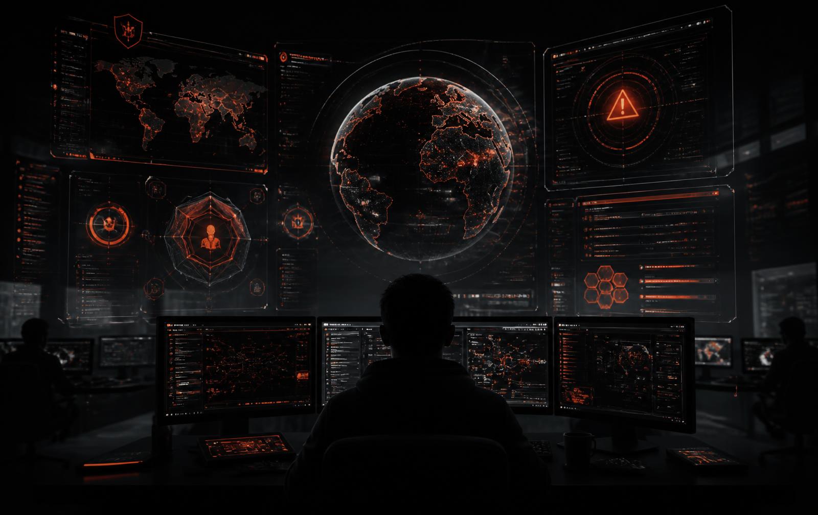 Dark security operations centre with holographic threat dashboards
